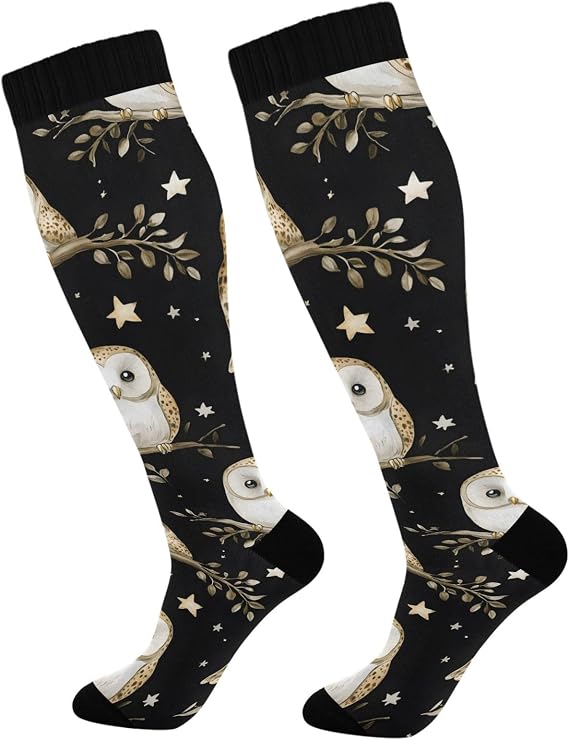 Cute White Owls Stars Moon Compression Socks for Women Support Circulation