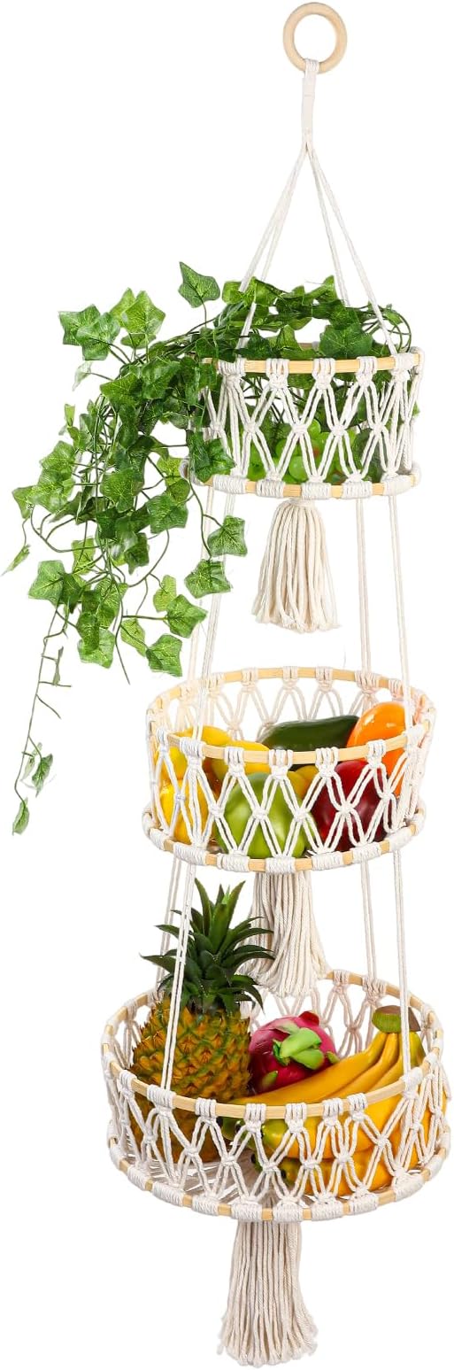 3 Tier Hanging Basket, Hanging Fruit Baskets for Kitchen Storage Organizer - Cotton Woven Multi-Layer Produce Holder with Hang Loop for Vegetables Plants Home Decor