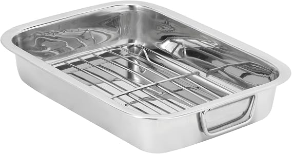 ROYALFORD Roasting Tin with Rack, 30 Cm | Stainless Steel Roasting Pan with Grill for Baking Grilling | Rust-Free Baking Pan for Perfect Roasting | Silver