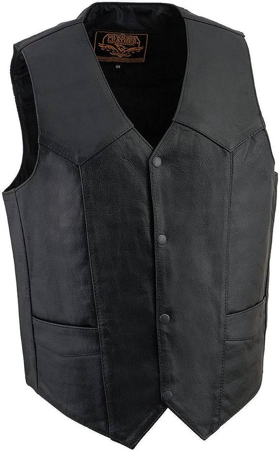 Milwaukee Leather Men's Premium Leather Western Style V-Neck Motorcycle Rider Vest with Front Snap Closure |LKM|ML|SH