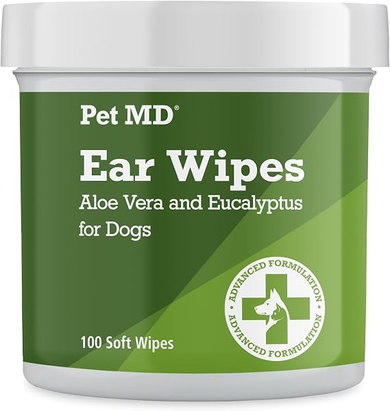 Pet MD Dog Ear Cleaning Wipes Otic Cleanser for Dogs, Soothing Ear Care with Aloe Vera & Eucalyptus, Regular Wipes, 100 Count