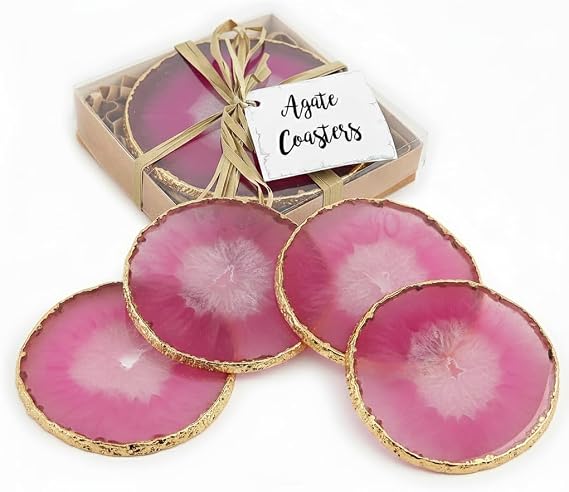Modern Home Set of 4 Natural Agate Coasters Sliced Polished Stone Drink Coasters with Metallic Gold or Silver Edge Unique Bohemian Home Decor Gift (Pink w/Gold Edge)