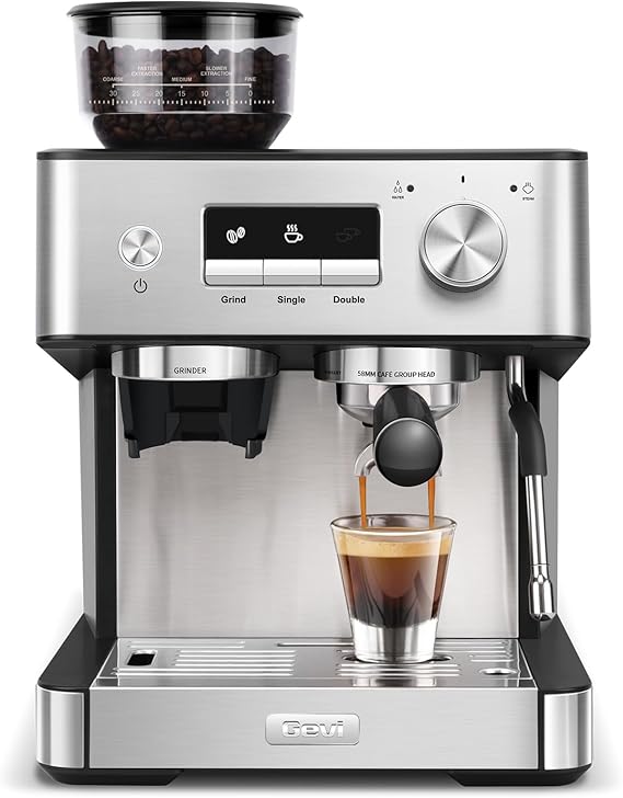 Gevi 20 Bar Espresso Machine with Grinder & Steam Wand for Latte Cappuccino | Removable Water Tank, Powerful Milk Frother, Stable Pressure System For Crafting Silky Homemade Coffee Drinks