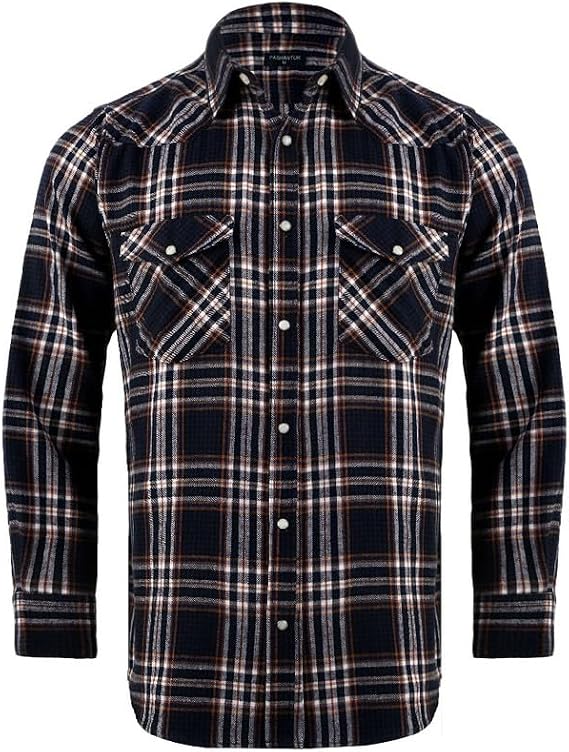 Snap Buttons Flannel Shirts for Men Regular Fit Mens Long Sleeve Shirt