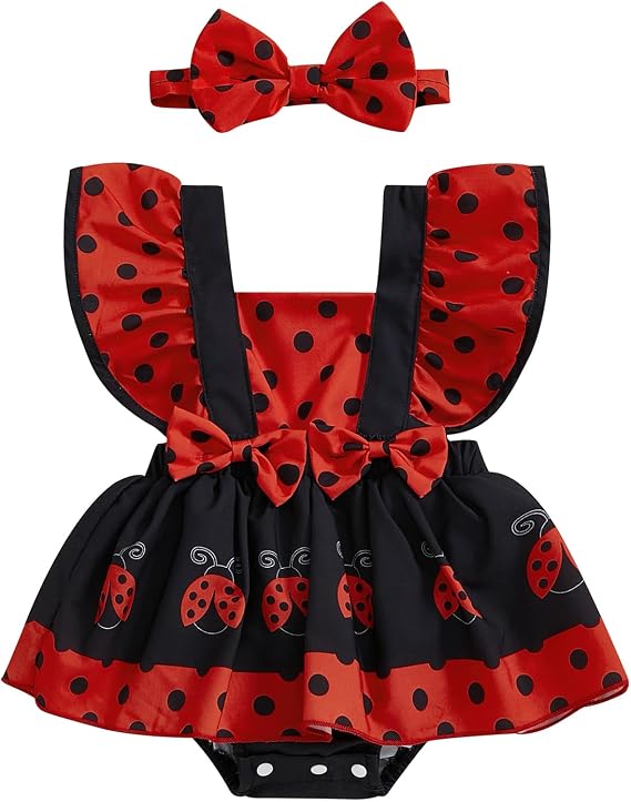 Infant Baby Girl Summer Bubble Romper Cute Animal Print Ruffle Sleeve Jumpsuit Little Bee Romper Dress and Headband