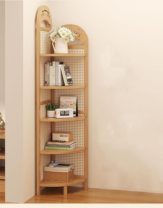 Fan-Shaped Corner Shelf Stand, 5-Tier Corner Bookcase, Rattan Corner Shelf, Display Rack with Legs, Suitable for Study, Living Room(Natural)