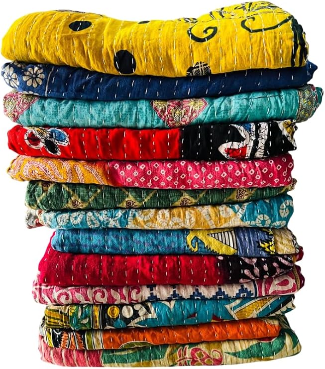 Mix Set of Indian Tribal Kantha Quilts Vintage Cotton Bed Cover Throw Old Sari Made Assorted Patches Made Rally Whole Sale Blanket (52 x 80 Inches) Twin Size