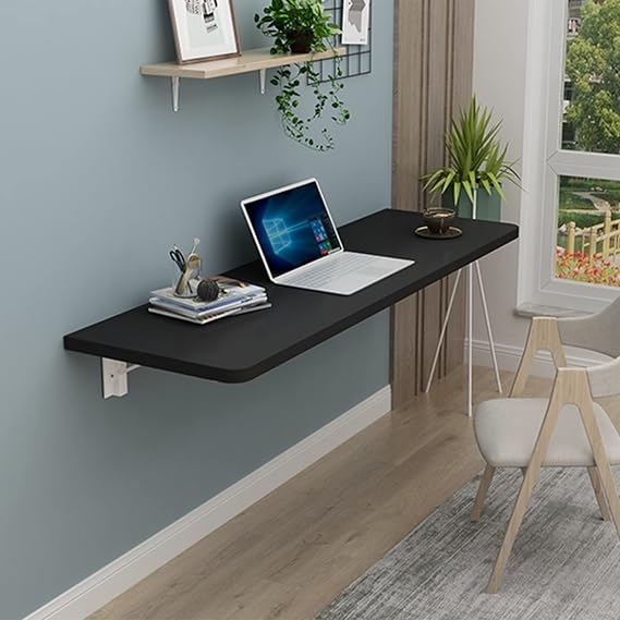 Wall Mounted Folding Table,Folding Wall Mounted Desk, Space Saving Fold Down Floating Desk for Study, Drop Leaf Tables for Small Spaces (Color : Black, Size : 90x50cm/35x20in)