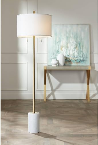 Possini Euro Design Milan Modern Luxe Italian Style Floor Lamp Standing 64" Tall Gold Metal Column Marble Base White Linen Drum Shade Decor for Living Room Reading House Bedroom Family Home