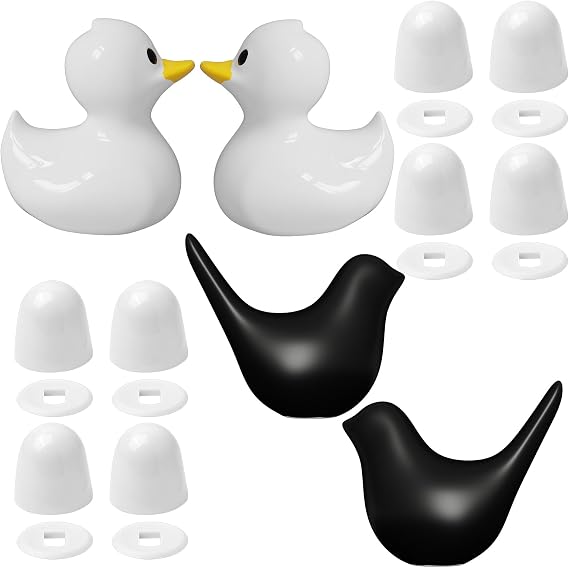 Toilet Bolt Covers Decorative- 2Pack Ceramic White Duck Caps and 2Pack Ceramic Black Bird Caps, 8Pack Round Caps with Washers