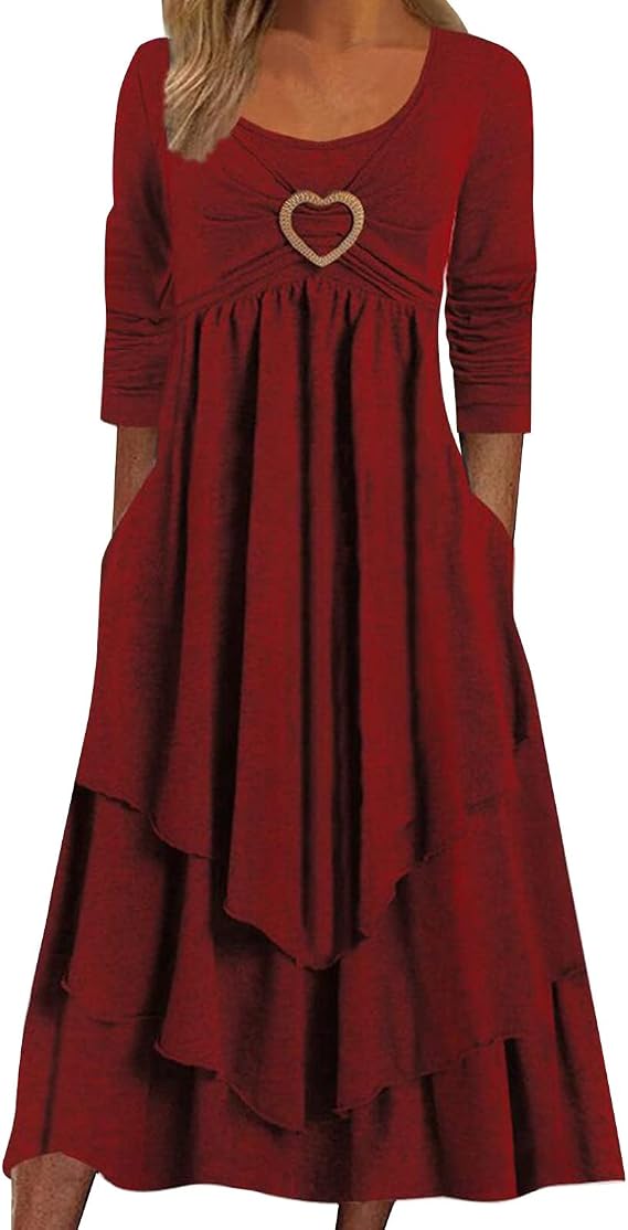 2025 Women's Long Sleeve Bohemian Dress - Long Dress Round Neck Irregular Pleated Ruffle Casual Solid Color Loose Fit Chic And Elegant Swing Hem Fluid Comfortable Soft Temperament Dress