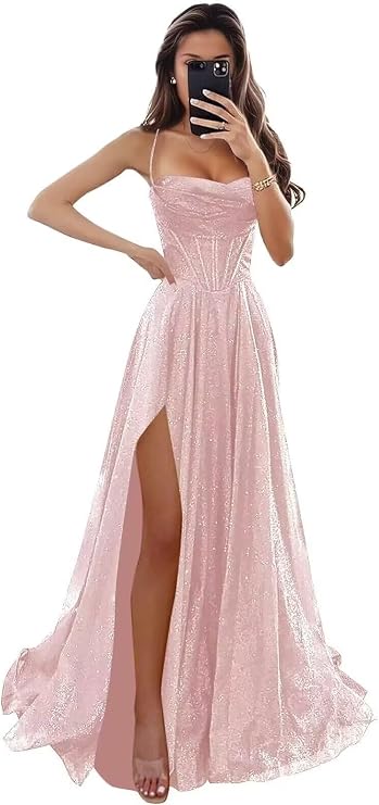 Sparkly Tulle Prom Dresses for Teens 2026 Sequin Spaghetti Straps Corset Evening Formal Gown with Slit