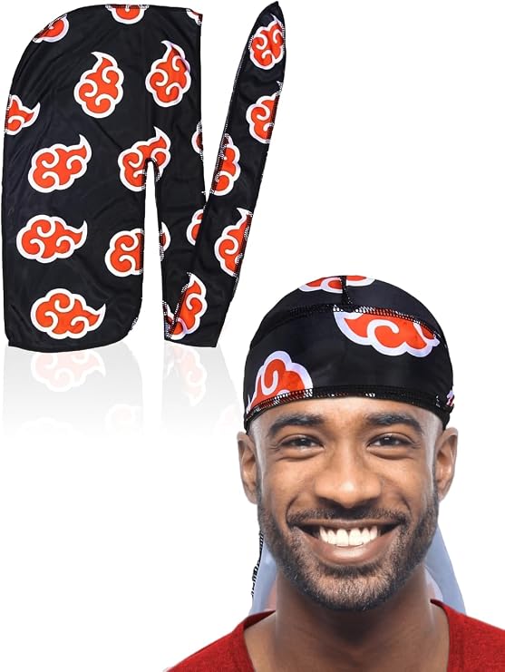 Red Clouds Silky Durag - Black Designer 360 Wave Du Rag with Long Tails and Quadruple Stitching - Smooth Fabric for Comfort Compression
