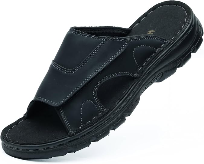MGGMOKAY Mens Leather Slide Sandals Comfortable Anti-Slip Slides with Adjustable Straps