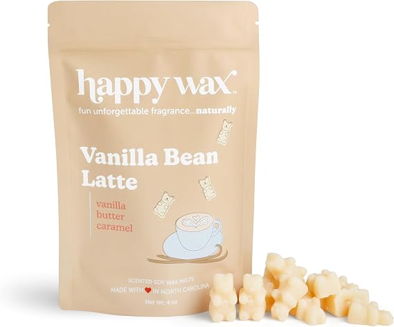 Happy Wax Vanilla Bean Latte Scented Bear Wax Melts - Natural Strong Scented Coffee Wax Melts Infused with Essential Oils - Non Toxic & Pet Safe - (4 oz Pouch)