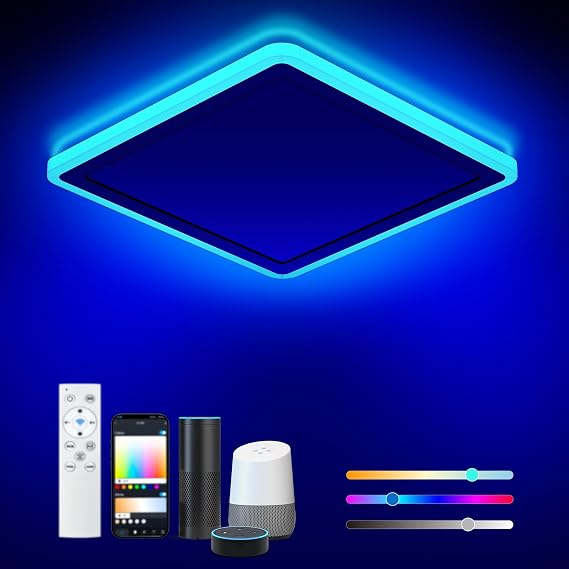 Annaror Smart LED Ceiling Light WiFi, 13in RGB Flush Mount Lighting Fixture with Remote, Compatible with Alexa Google Home, Low Profile Ceiling Light for Bedroom, Kitchen, Square White