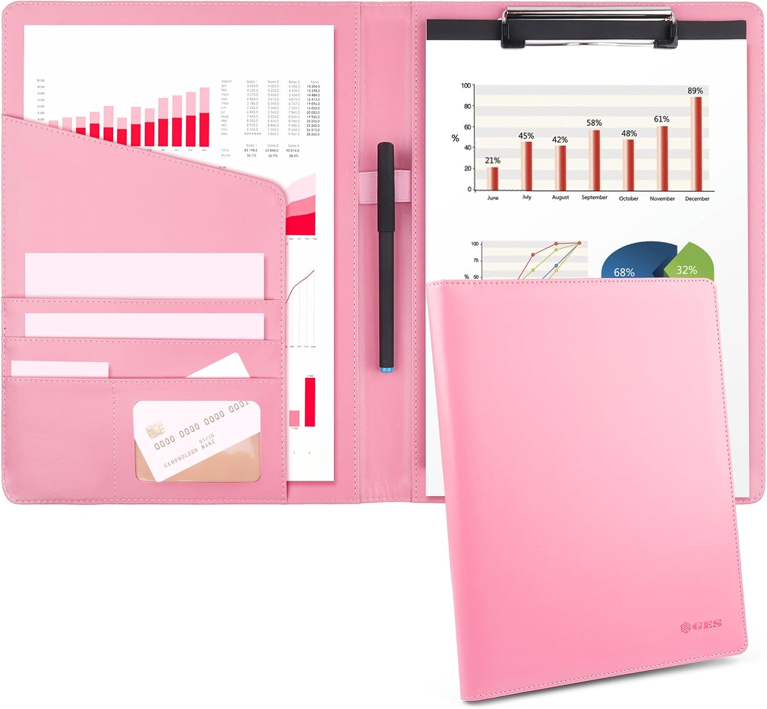 Geila Padfolio Portfolio A4 Clipboard Folder, Suitable for Work, Writing, and Meetings, Faux Leather Folder with A4 Paper and Pen Pink