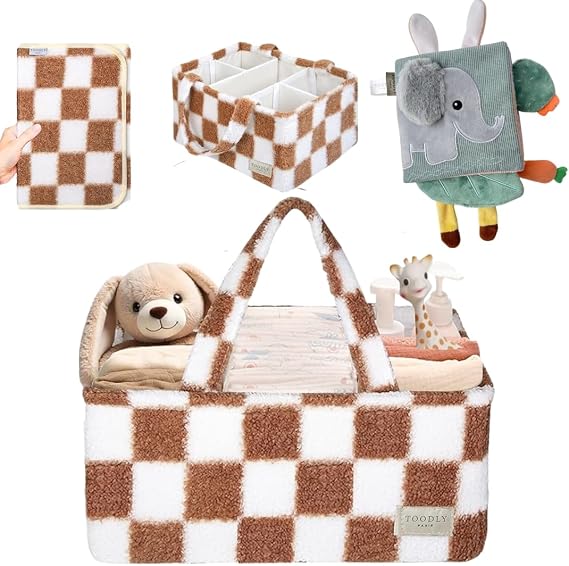 Cute Soft Baby Book & Checkered Diaper Caddy Bundle(Taupe and White)