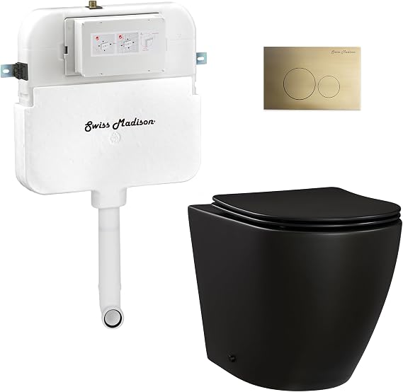 Swiss Madison St. Tropez Back-to-Wall Toilet Bundle 0.8/1.6 GPF Dual Flush in Matte Black with Brass Flush Plate