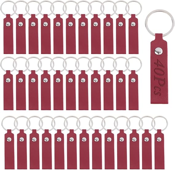 DICOSMETIC 40Pcs PU Leather Keychain Blanks Bulk 9.5cm Laser Engraving Blanks Keychain Rectangular Engraving Blank with Alloy Key Rings for DIY Craft Keychains, Dark Red