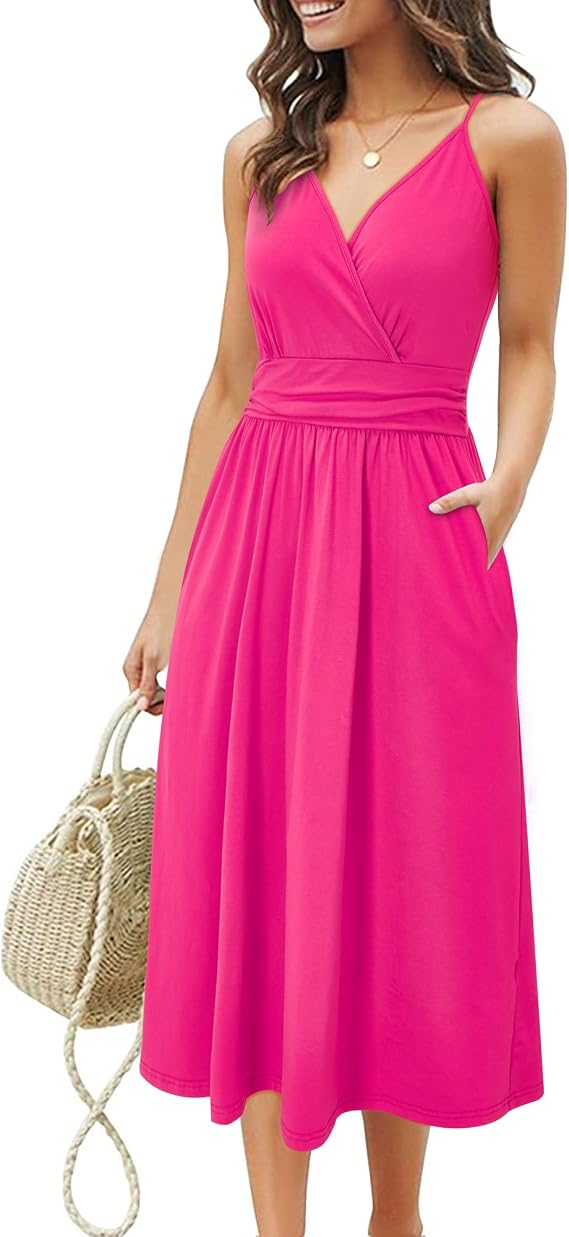 OUGES Women's Spaghetti Strap Summer Floral Short Party Dress with Pockets