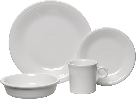 Fiesta 4-Piece Classic Rim Place Setting Durable Ceramic, Lead-Safe, Dishwasher/Microwave/Oven Safe Made in USA Dinnerware - White