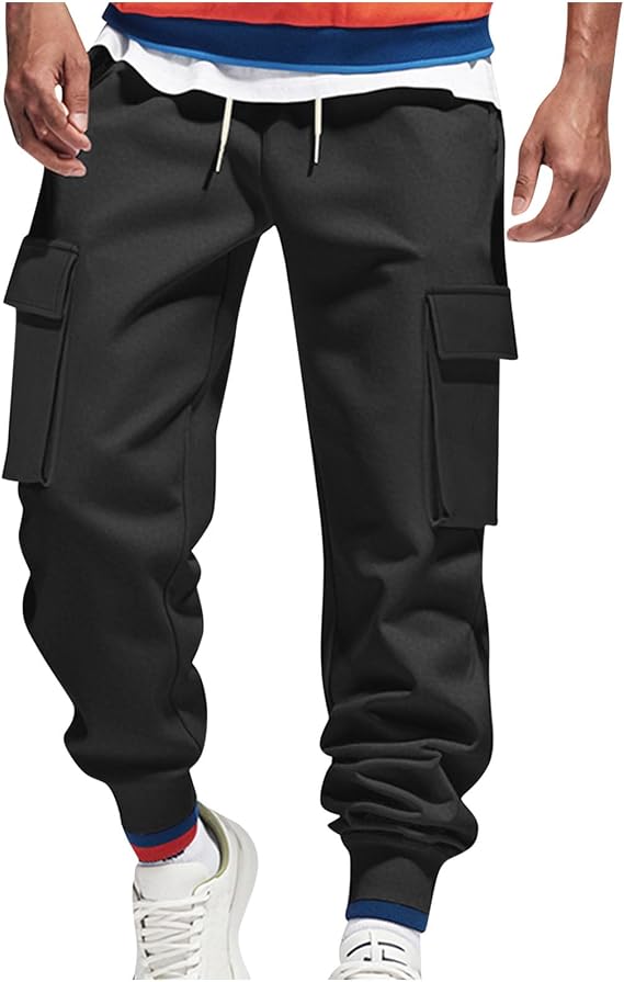 Mens Cargo Sweatpants Relaxed Fit Cuffed Fleece Joggers Elastic Waist Drawstring Hiking Work Pants with Pockets