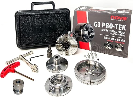 Nova Pro-Tek G3 Wood Lathe Chuck Kit With 3 Jaw Sets & 5/8" PB Insert | Includes ISNS 5/8 Inch Plainbore (Shopsmith) Insert, 2" Standard Jaws, 4" Bowl Jaws, and 1" Pin Jaws.
