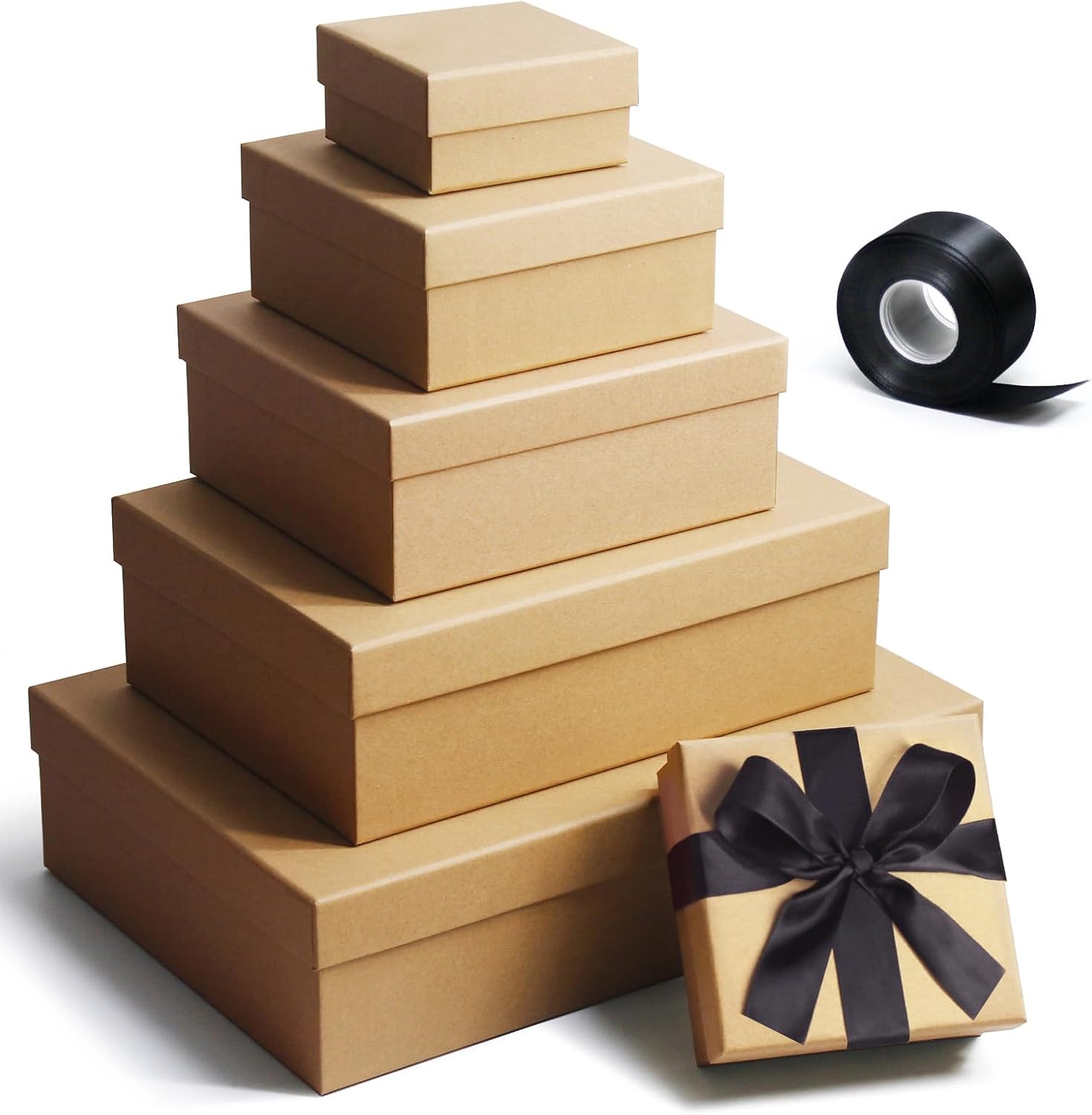 Eerbaier Gift boxes with lids, Natural and Rustic Kraft Gift Box for Present Wrapping, Set of 6 Sturdy Gift Wrap Boxes, Come with Ribbon