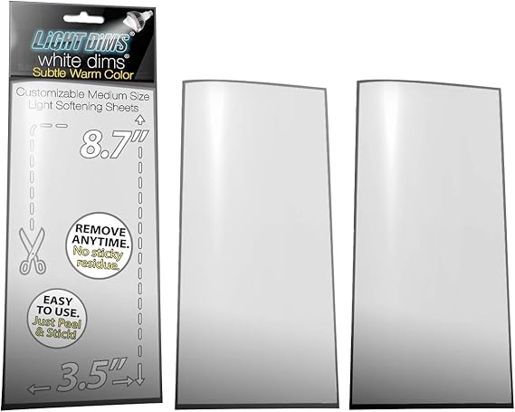 LightDims White Dims Self Adhesive Dimming/Softening Sheets for Harsh LED Lights Medium Size (3 Sheets) Subtle Warm Color & a Free Mystery Gift Sheet (4 Sheets Total). Packaging May Vary