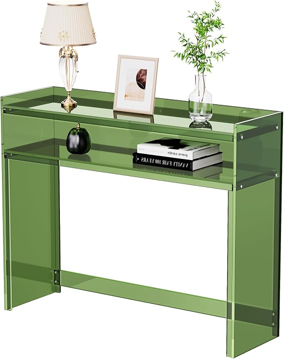 Acrylic Console Table, Entryway Table with Storage Shelves Green