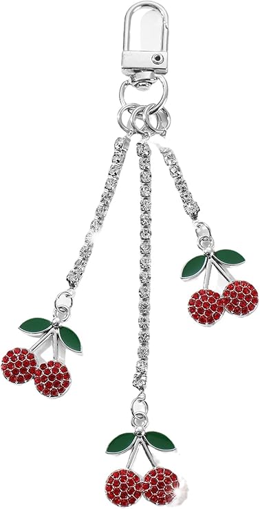 Cute Cherry Strawberry Bag Charms for Women, Kawaii Fruit Keychain Car Keyring, Glittering Handbag Decorations