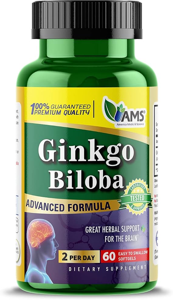 America Medic & Science Ginkgo Biloba 60mg (60 Softgels) | Brain Booster Supplement for Men and Women | Mind Enhancer with Herbal Leaf Extract