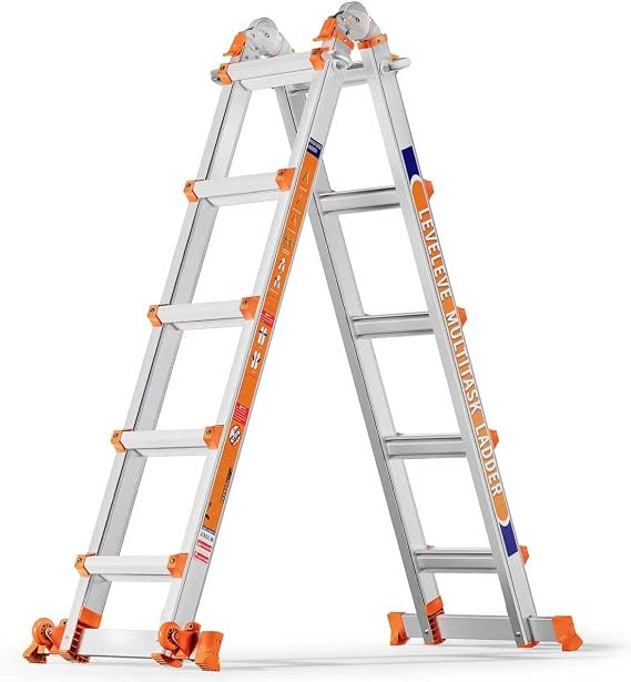 A Frame with 5 Step Ladders, a 5.2 m Long Sliding Ladder with Stabiliser and Wheels, 150 kg Safety Load Ladder with Multiple Positions for Stairs Home Indoor Outdoor Roof 