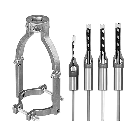 Woodworking Square Hole Drill Bits and Chisels Set With Adapter - Wood Mortising Chisel and Drill Bit for Mortising Machines (1/4, 5/16, 3/8, 1/2)