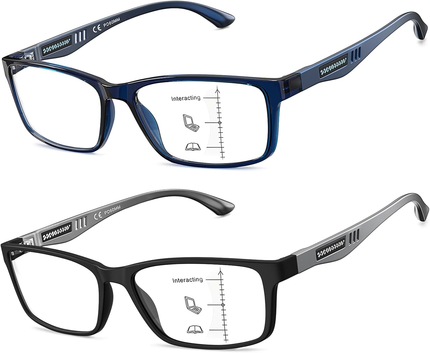 CARA Progressive Reading Glasses for Men Multifocus TR90 Readers, Superior Lightweight Blue Light Blocking Eyeglasses 2 PackBlackBlue, 2.50