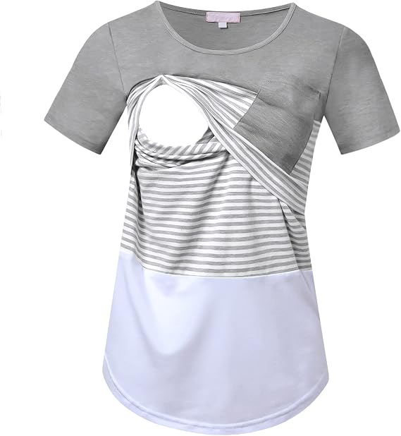 Bhome Nursing Tshirt Color Block Maternity Short Sleeve Top for Breastfeeding Pregnancy Shirt with Pocket