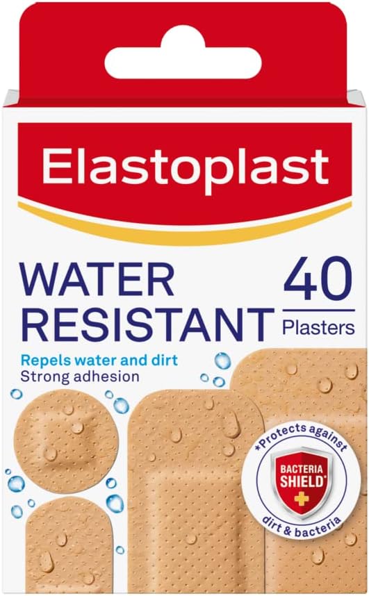 Elastoplast Water Resistant Plasters (40 Pieces), Dirt and Water Resistant Strip Bandage, Waterproof Bandage, Strong Adhesion, All-Purpose First Aid Plasters, Various Sized, Tan