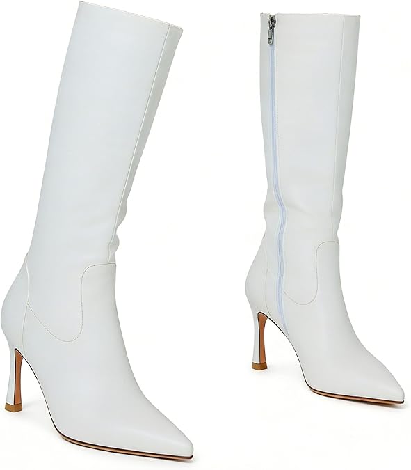 Knee High Boots Women Pointed Toe Stiletto High Heel Boot for Women Sexy Side Zipper Leather Tall Calf Boots