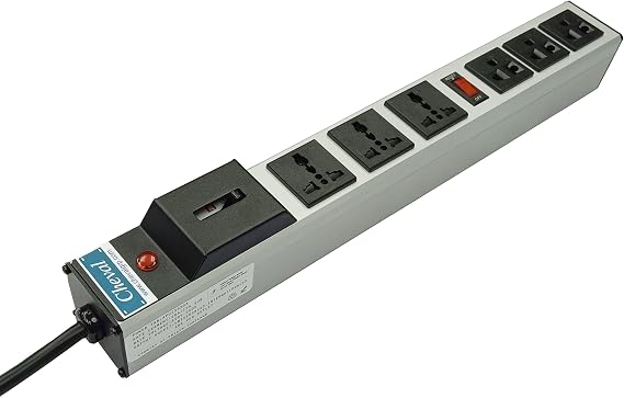 Power Strip 3 Universal + 3 International Outlets 10ft Cable Aluminum Case Main Breaker and Breaker Switch Separate 3 cords 2 poles cut off 120V. 20 Amps