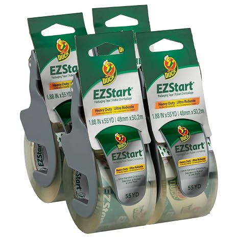 Duck EZ Start Clear Packing Tape with Dispensers 4 Rolls of Packaging Tape for Shipping, Moving & Storage - Quiet Easy Start Tape for Boxes & Mailing Supplies, 1.88 Inch x 55 Yards (287731)