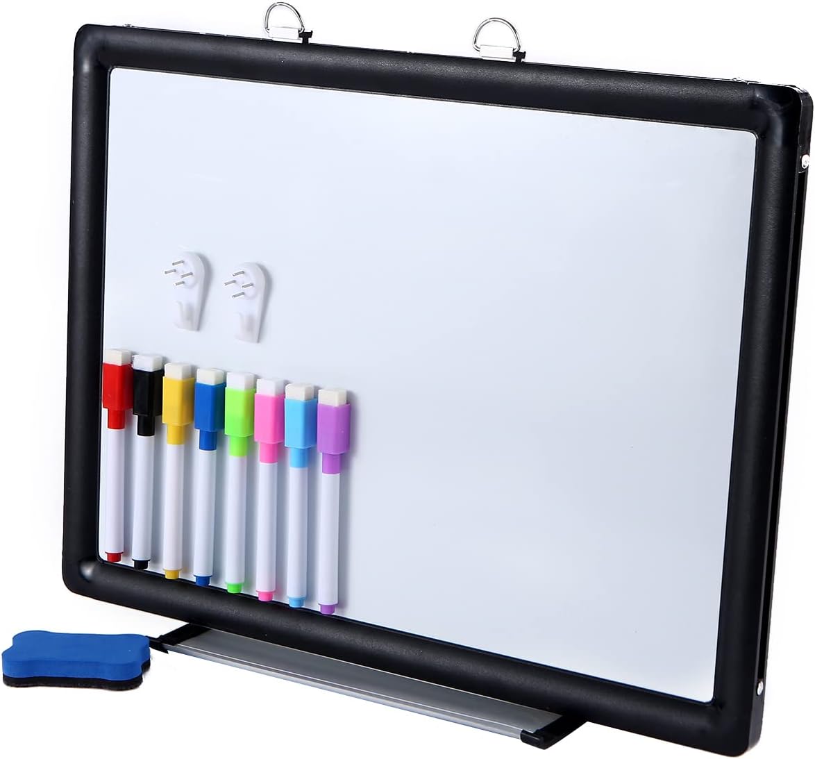 DumanAsen Dry Erase Whiteboard Set for Wall, White Board with 8 Dry Eraser pens and 1 Eraser, Double Sided and Aluminum Frame 20 x 14 inches, Black