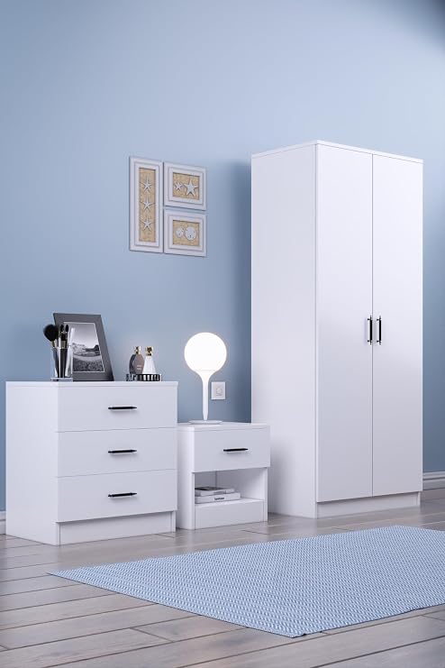 Abete - 2 Kapili 1 Çekmecelİ Gardirop + Komodİn + 3 Çekmecelİ Şİfonyer Takim - Beyaz