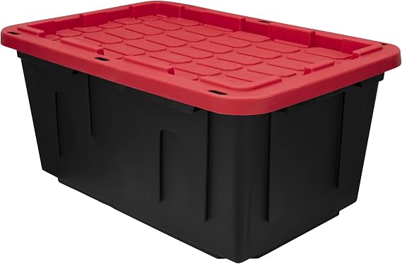 Large Storage Bin, 27 Gallon Plastic Storage Container with Snap-On Lid, Black and Red, Industrial