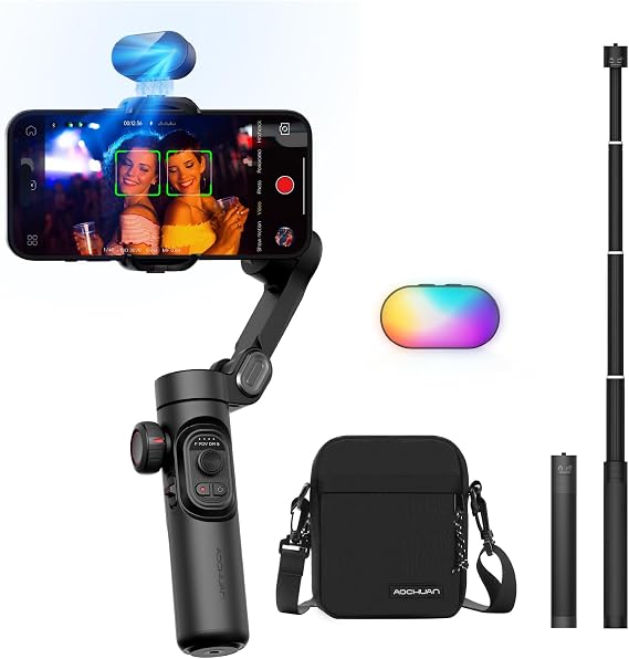 AOCHUAN 3-Axis Gimbal Stabilizer for Smartphone Smart AI XE & B10 Storage Bag & E10 Extension Rod & P03 RGB Magnetic Fill Light