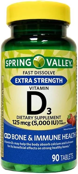 Spring Valley Extra Strength Vitamin D3 Fast Dissolve Tablets Dietary Supplement, 125 mcg (5,000 IU), Strawberry Flavor, 90 Count