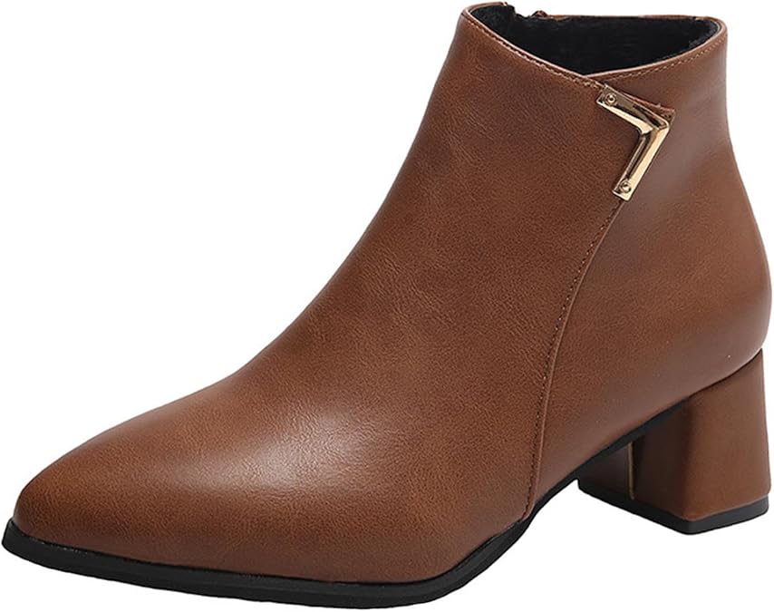 Women's Ankle Boots Pointed Toe Elegant Leather Boots Chunky Mid Heel Non Slip Short Boot Fall Winter Bootie with Side Zip