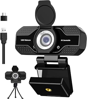 4K HD Webcam with Microphone, Noise Cancellation, Privacy Cover, Wide-Angle Lens, Auto Light Correction, Plug & Play USB Webcam for Laptop, Desktop, PC, Zoom, Skype, Stream