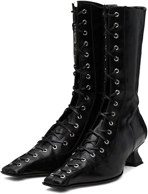 UniqueStride Womens Lace up Mid Calf Boots Pointed Square Toe Kitten Heel Vintage Witch Granny Booties Cosplay Costume Shoes