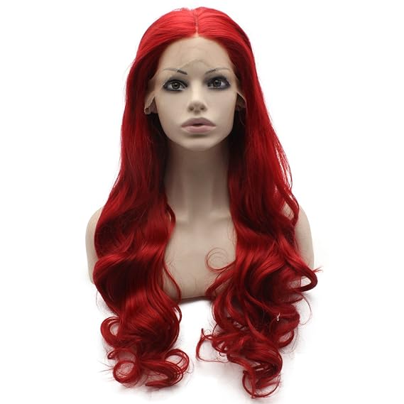 MX angel Long Wavy Half Hand Tied Synthetic Lace Front Red Cosplay Party Wig